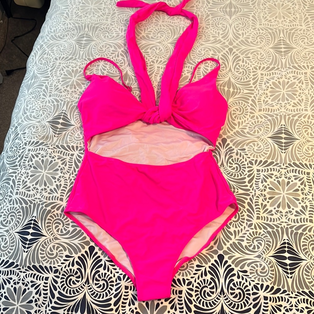 Bright pink one piece with twist tie halter size large new